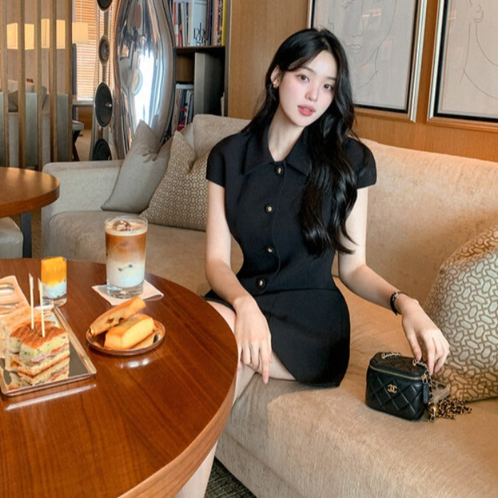 💕韓系氣質小香風翻領收腰小黑裙