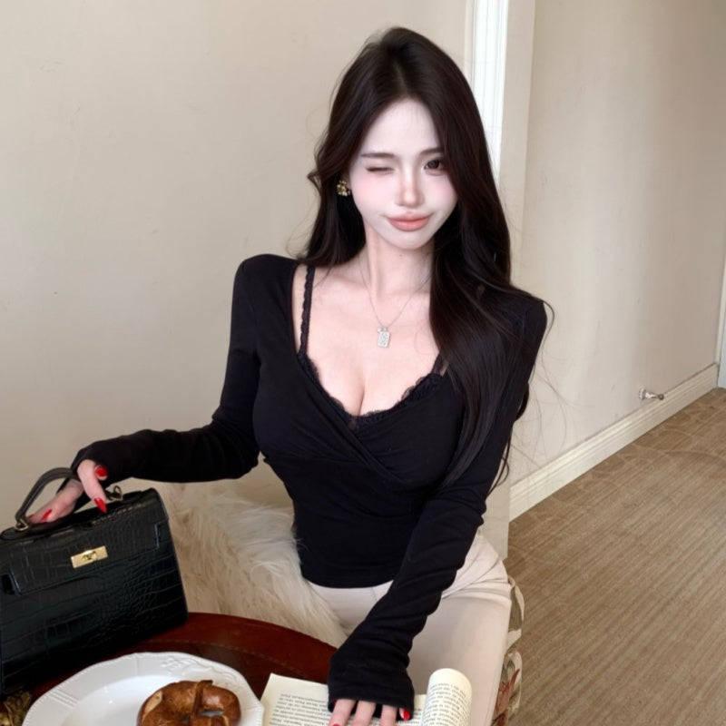 💕辣妹蕾絲拼接假兩件長袖上衣