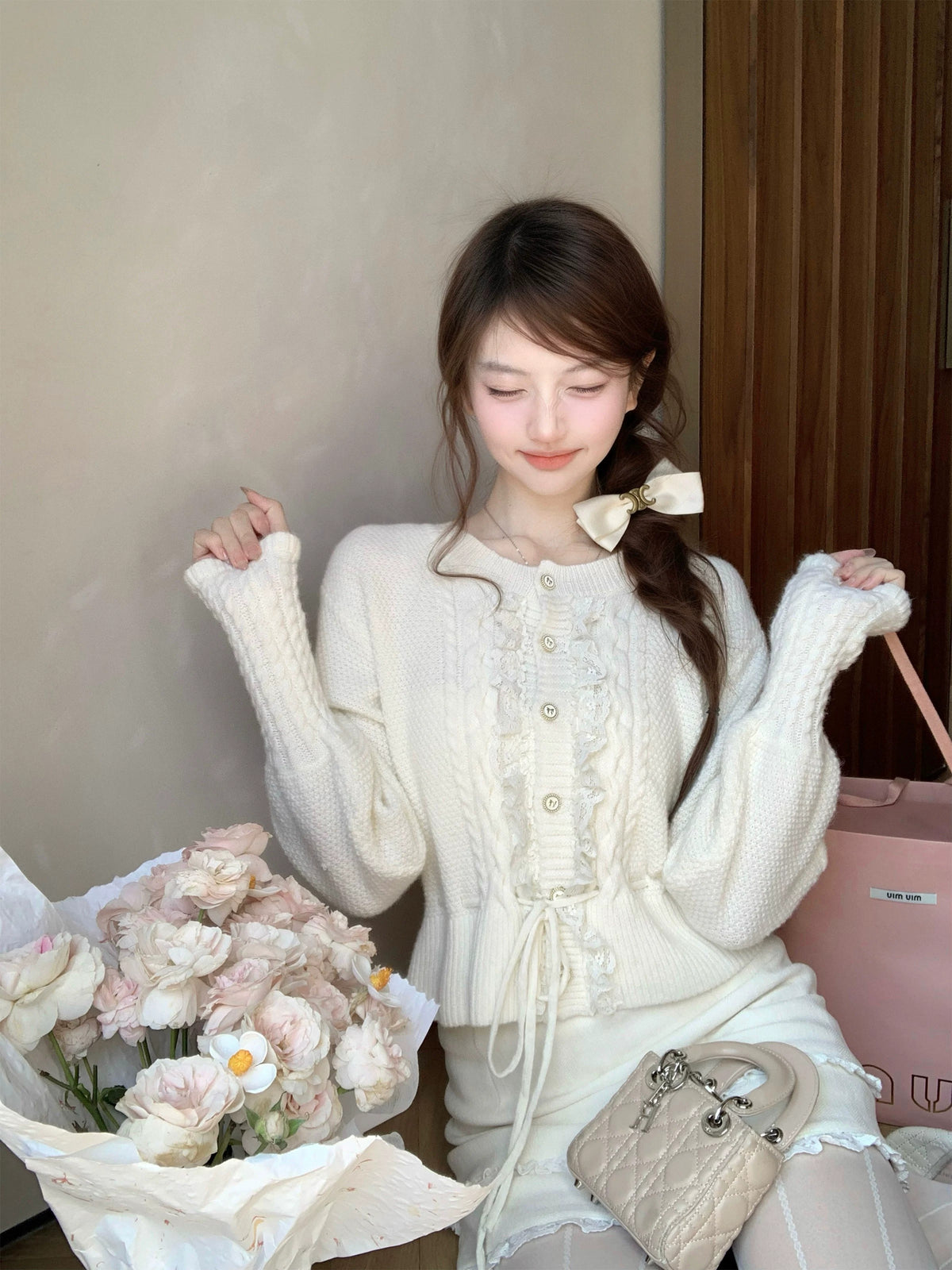 💕繁華勾花宮廷千金感花邊系帶毛衣外套