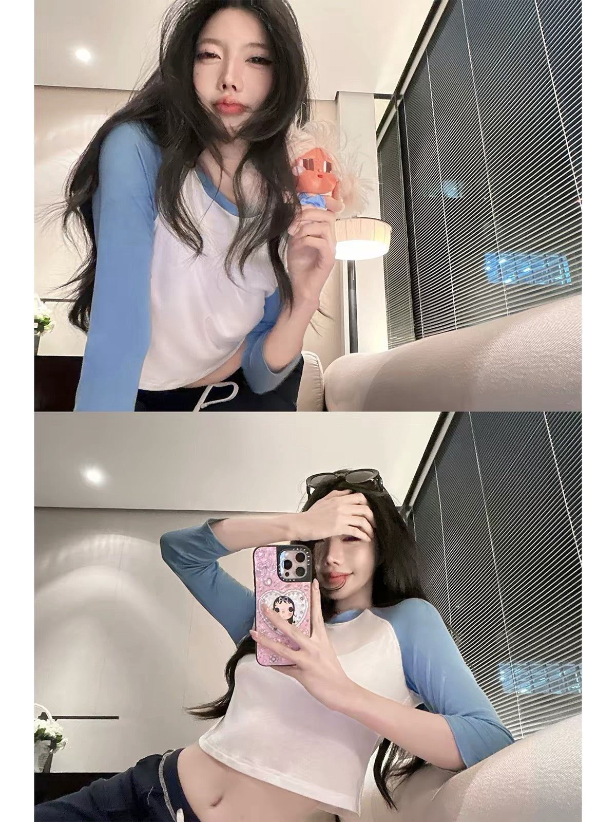 💕休閒百搭撞色短款露臍長袖上衣