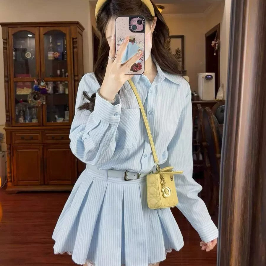 💕春夏小個子收腰有腰帶條紋襯衫連身裙
