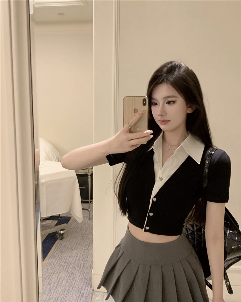 💕韓系氣質假兩件翻領修身短款針織衫