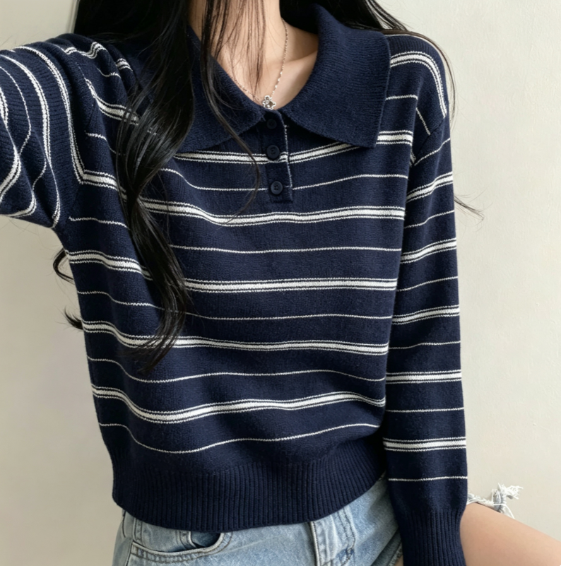 💕復古鬆弛感顯瘦條紋polo衫