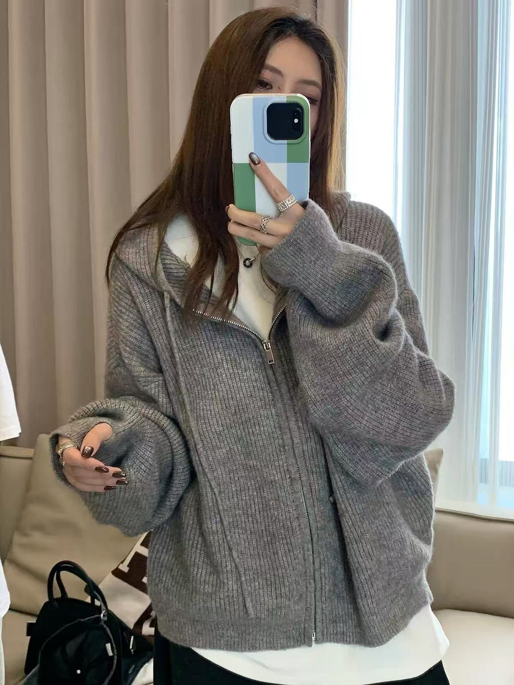 💕韓系慵懶連帽內搭針織拉鍊外套