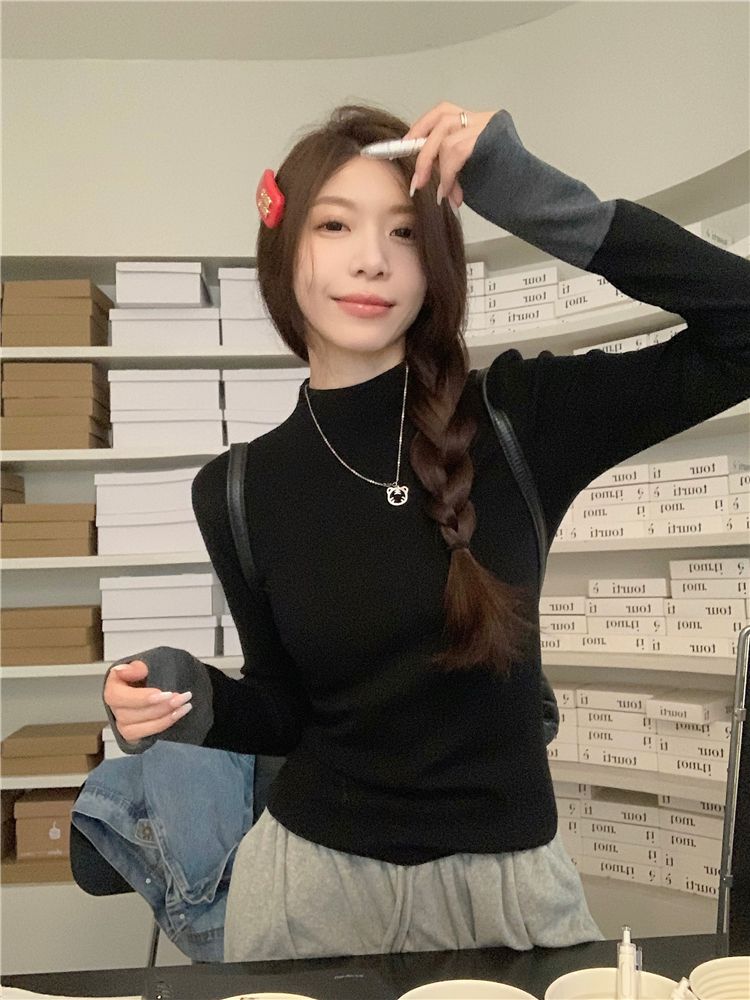💕通勤百搭撞色長袖針織修身打底上衣