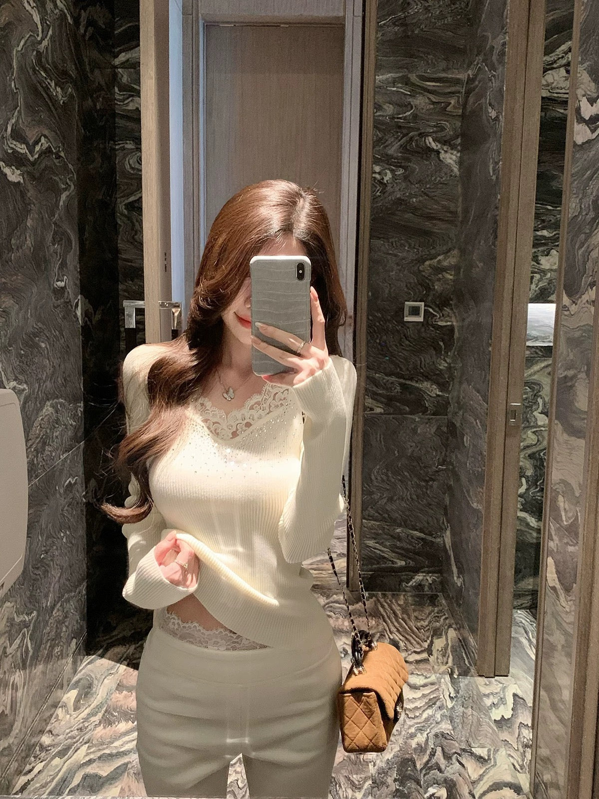 💕chic秋冬鑲鑽蕾絲邊針織打底衫毛衣