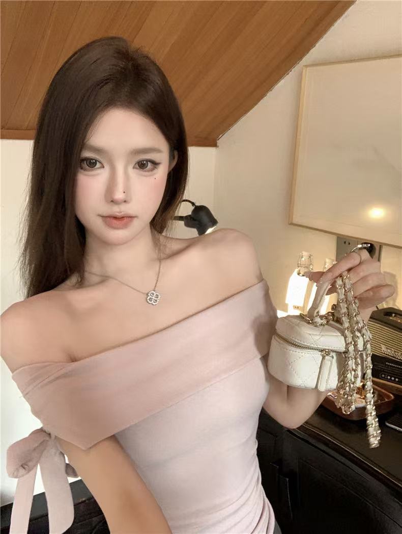 💕韓系一字肩蝴蝶結修身上衣