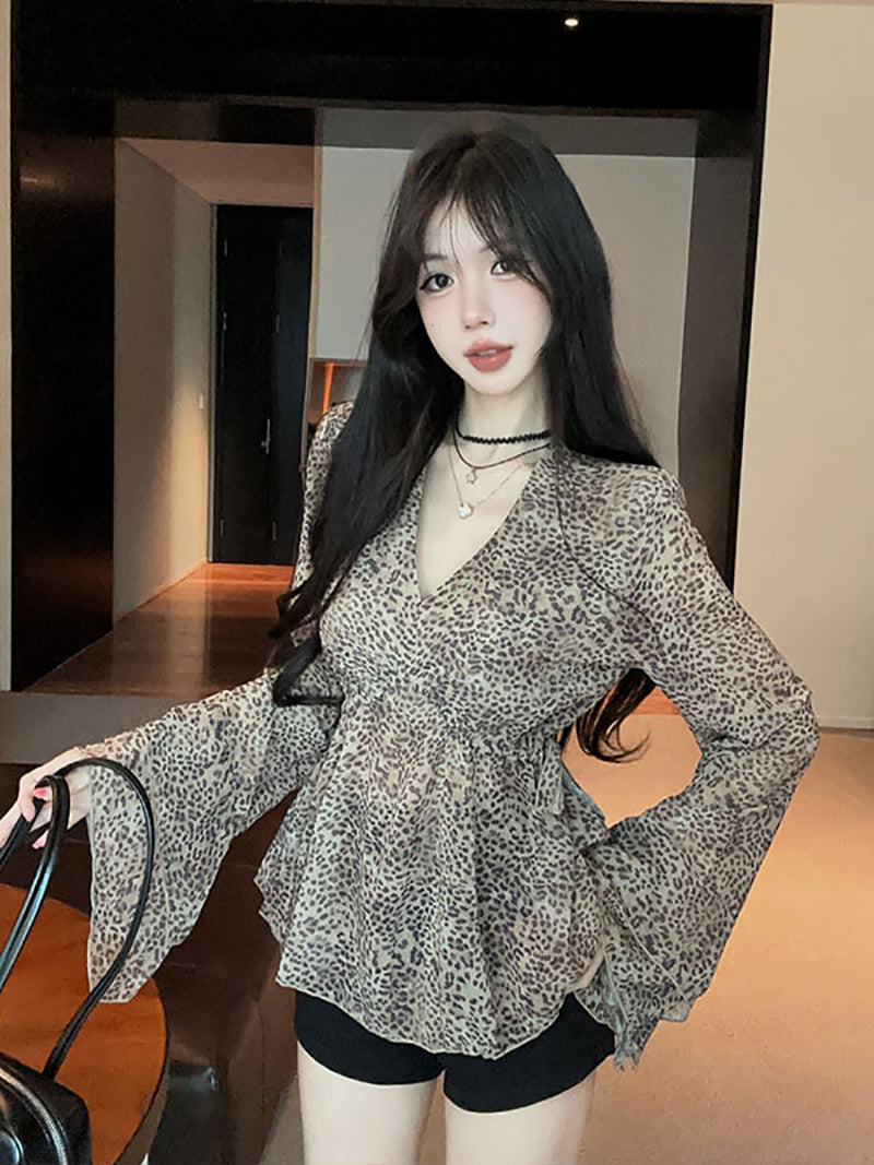 💕復古高級豹紋V領寬鬆百搭雪紡襯衫