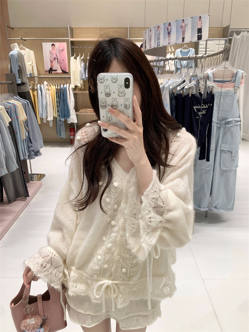 💕韓系重工連帽勾花慵懶針織開衫