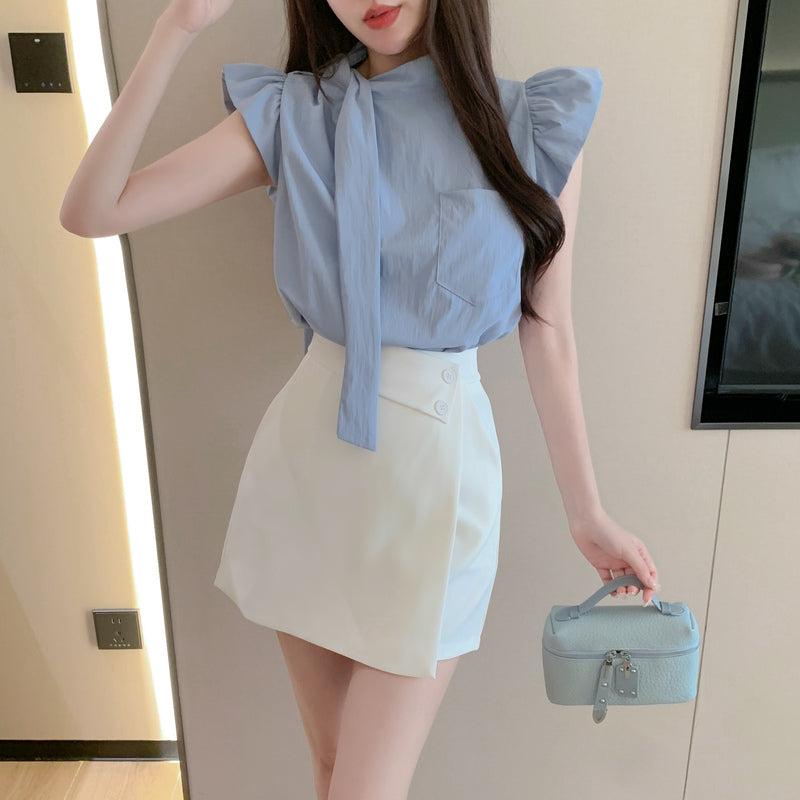 💕氣質飛飛袖系帶襯衫顯瘦套裝