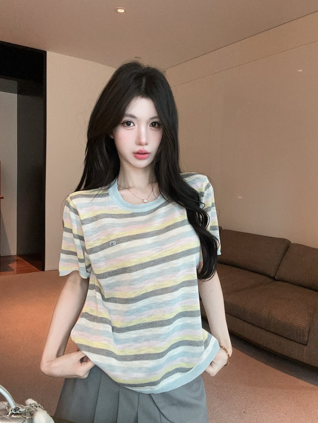 💕夏季清透感柔軟撞色條紋針織衫上衣