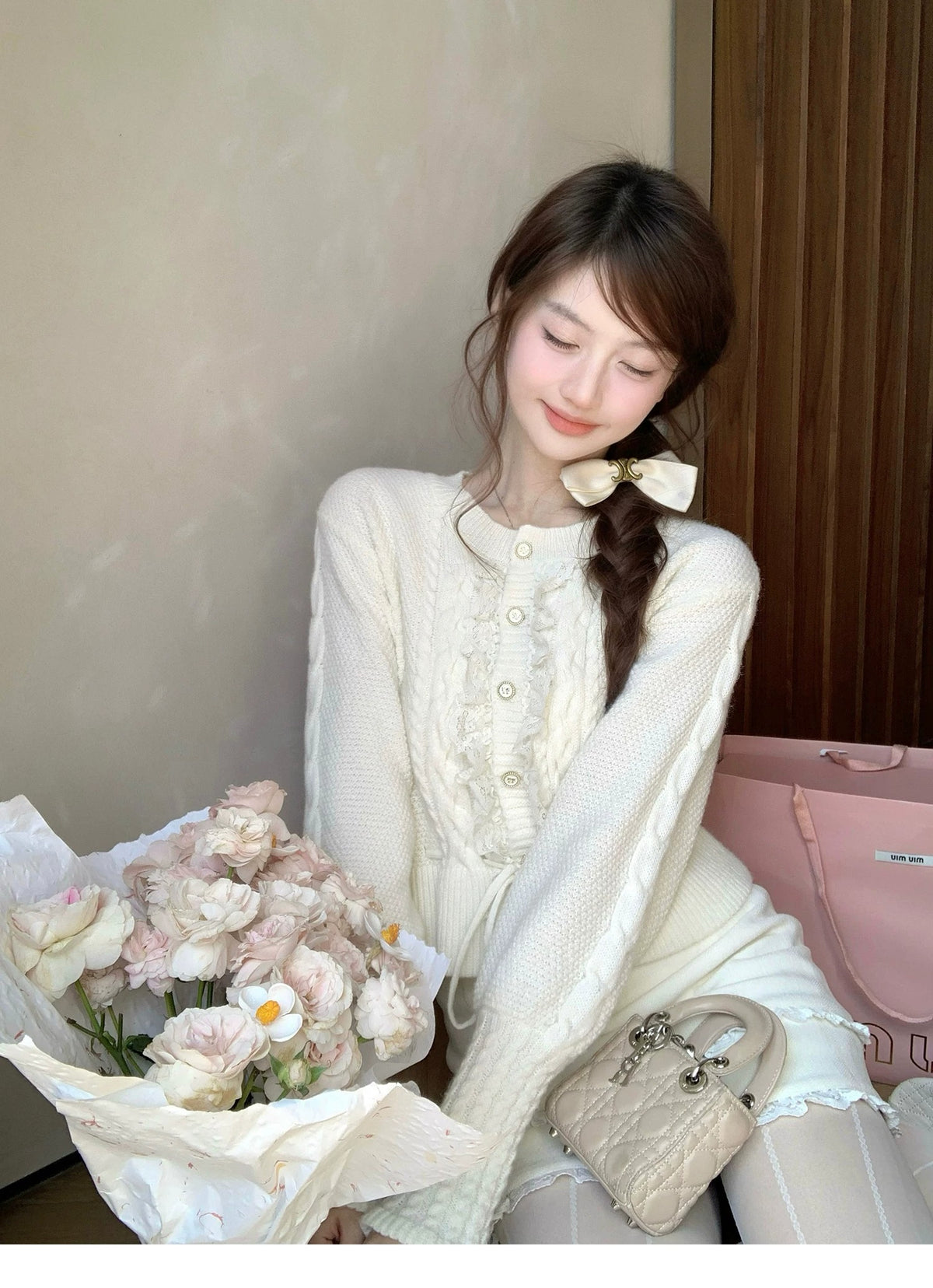💕繁華勾花宮廷千金感花邊系帶毛衣外套