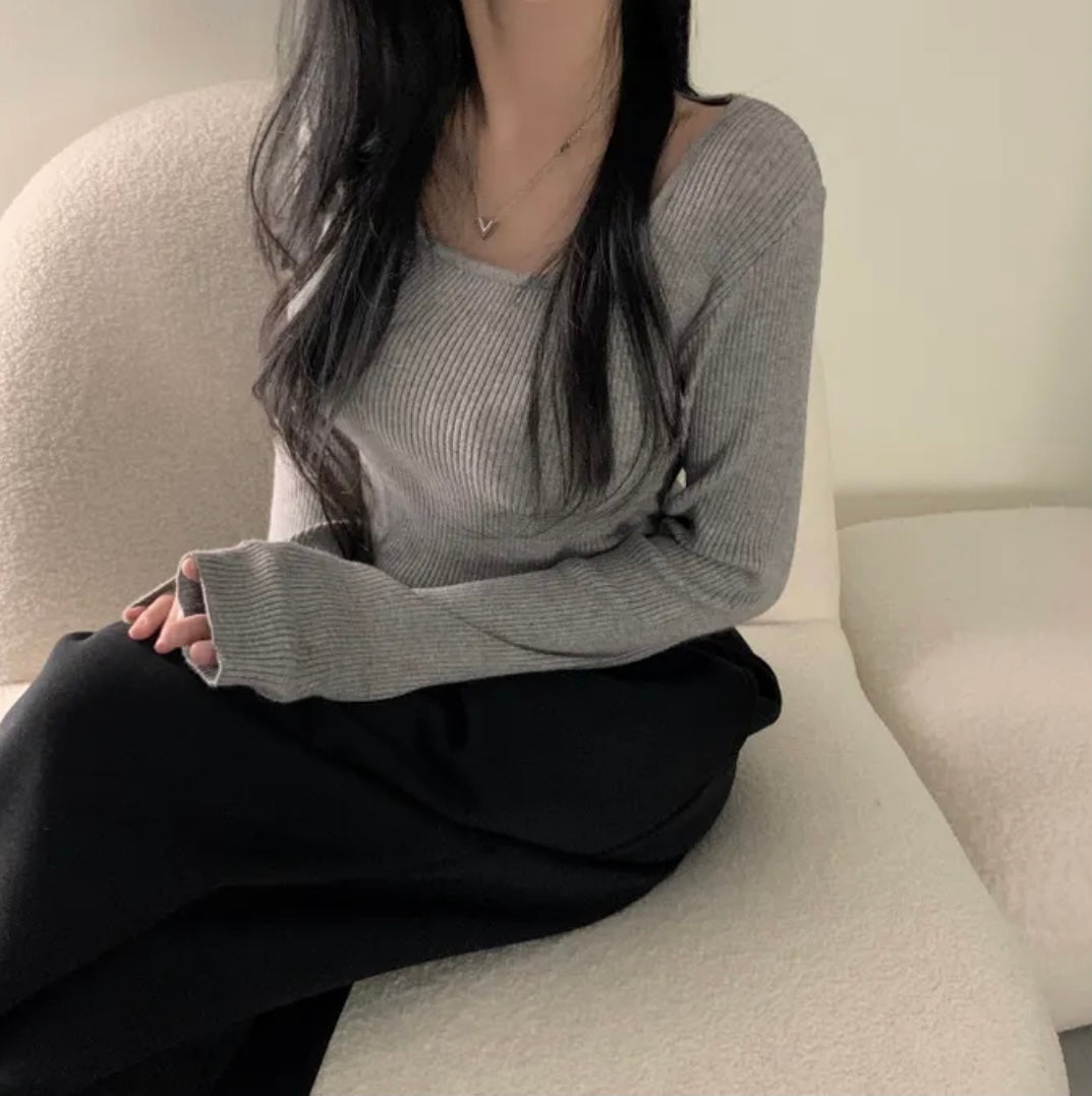 💕韓系chic長袖修身親膚針織打底百搭顯瘦上衣