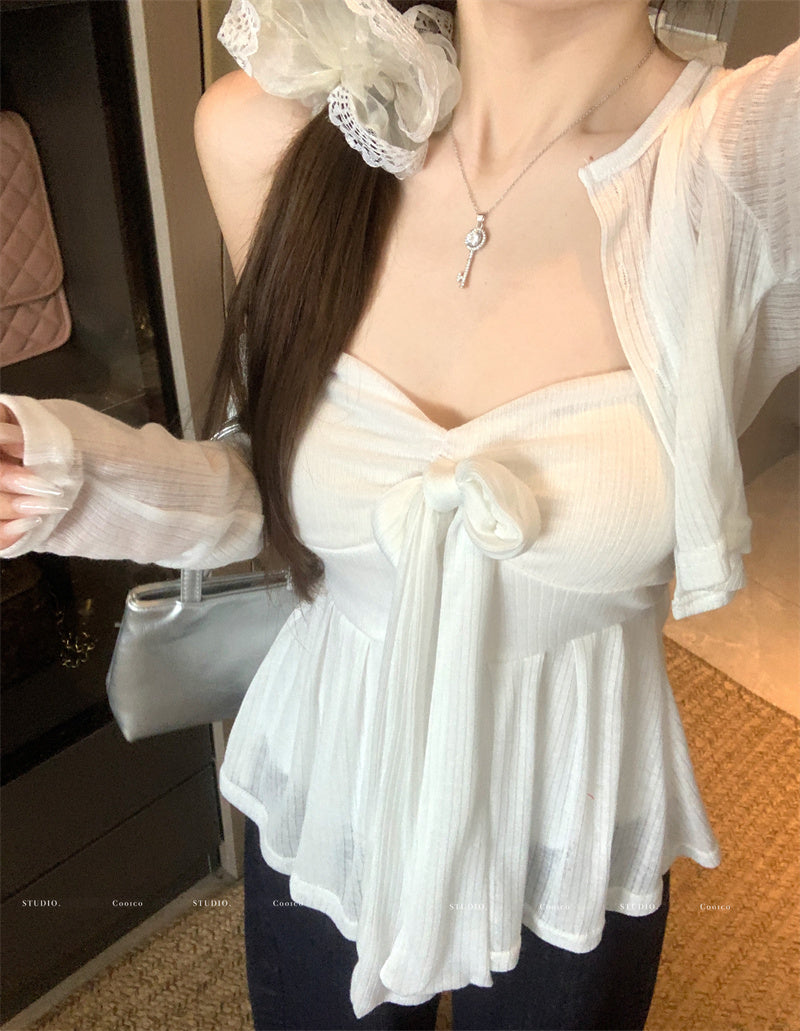 💕清透感白色針織開衫吊帶套裝