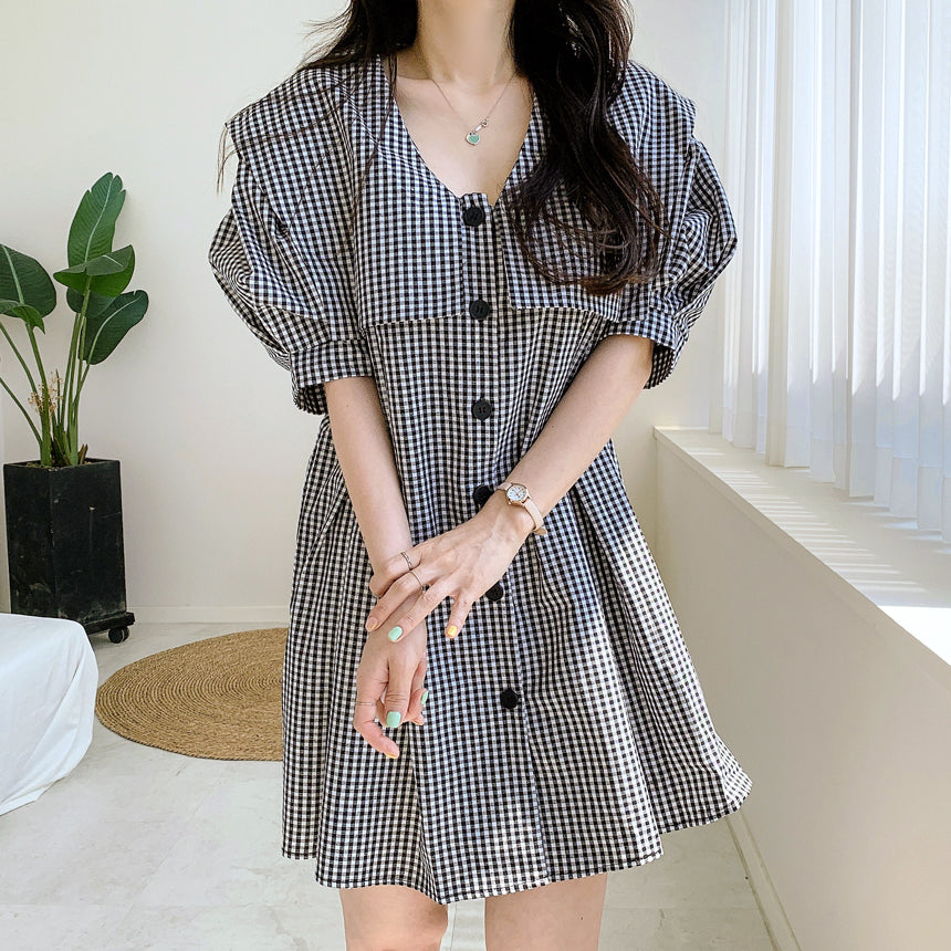 💕夏季甜美減齡單排釦娃娃襯衫連衣裙