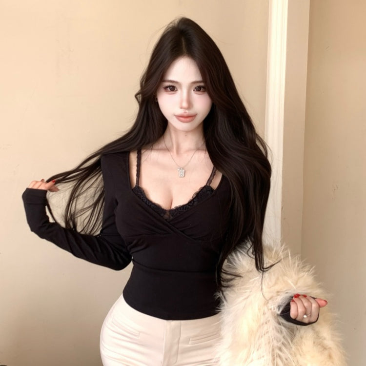 💕辣妹蕾絲拼接假兩件長袖上衣