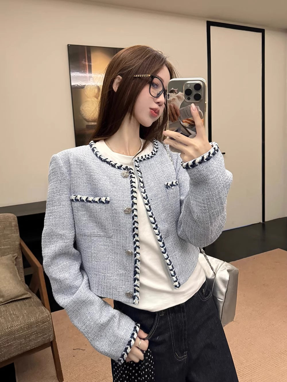 💕名媛小香風粗花呢短款長袖精緻外套