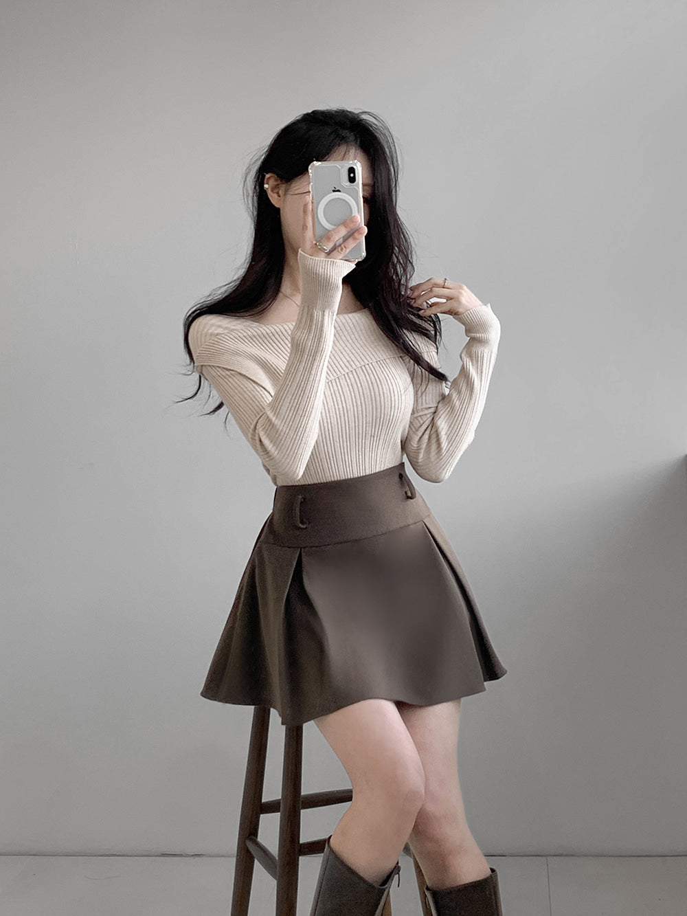 💕百搭高級感一字肩輕奢不規則毛衣上衣