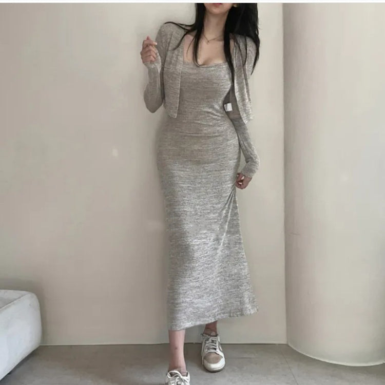 💕春季高腰吊帶包臀連衣裙+薄款長袖開衫兩件套