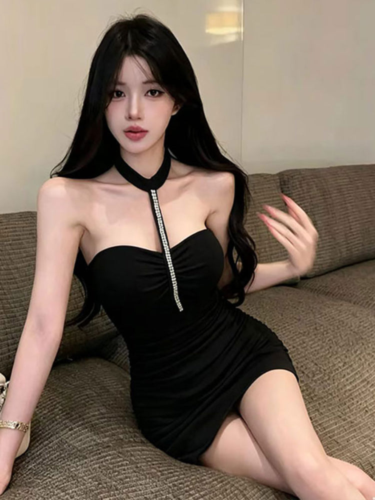 💕辣妹性感御姐風掛脖手工釘鑽緊身包臀裙