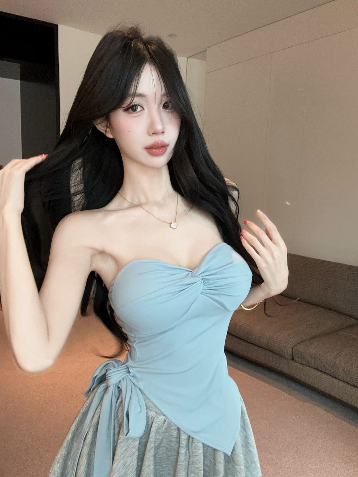 💕氣質帶胸墊不規則下擺系帶扭結兩件套
