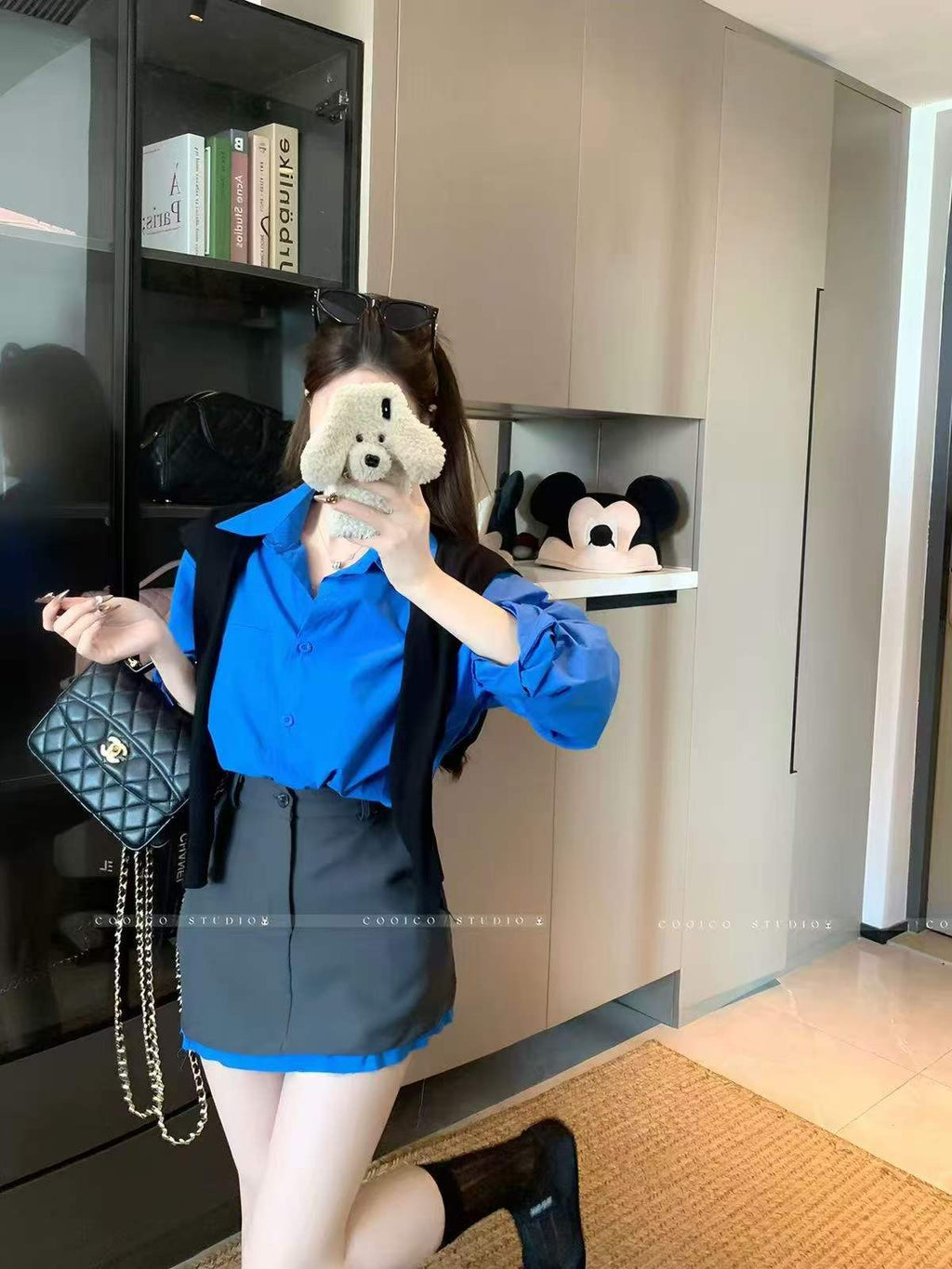 💕chic韓系藍色polo長袖襯衫三件套