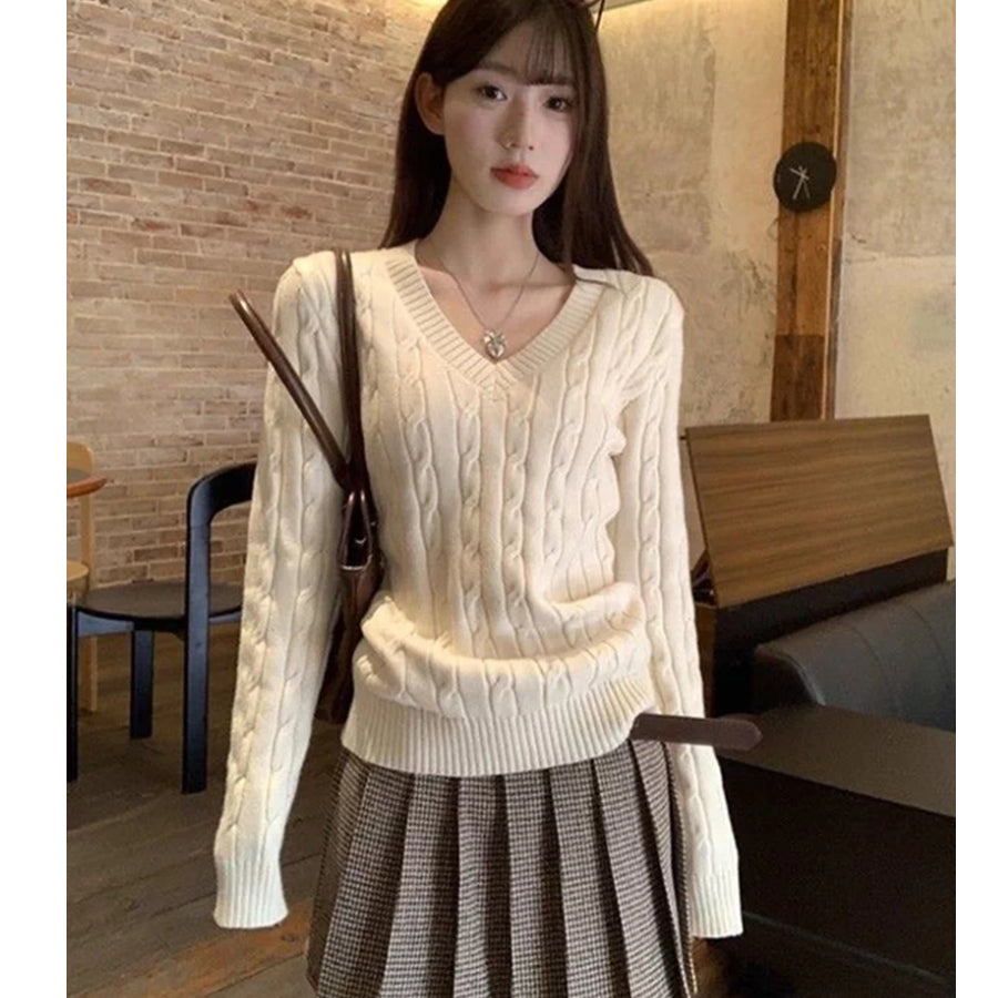 💕韓系慵懶風V領麻花加厚寬鬆毛衣