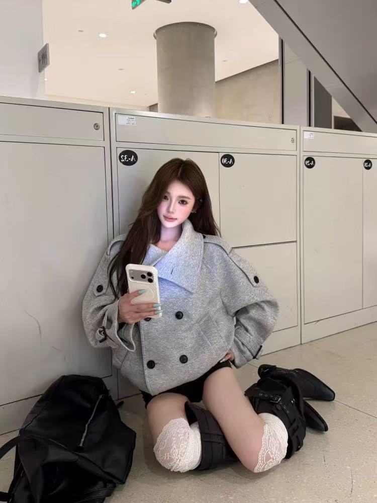💕chic韓系溫柔氣質百搭雙排扣加厚外套