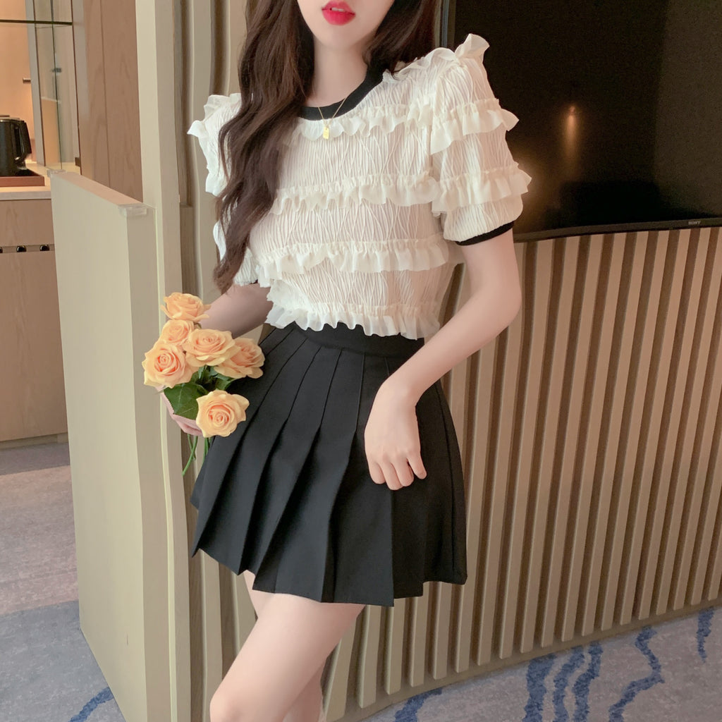 💕法式溫柔可愛木耳邊圓領顯瘦上衣