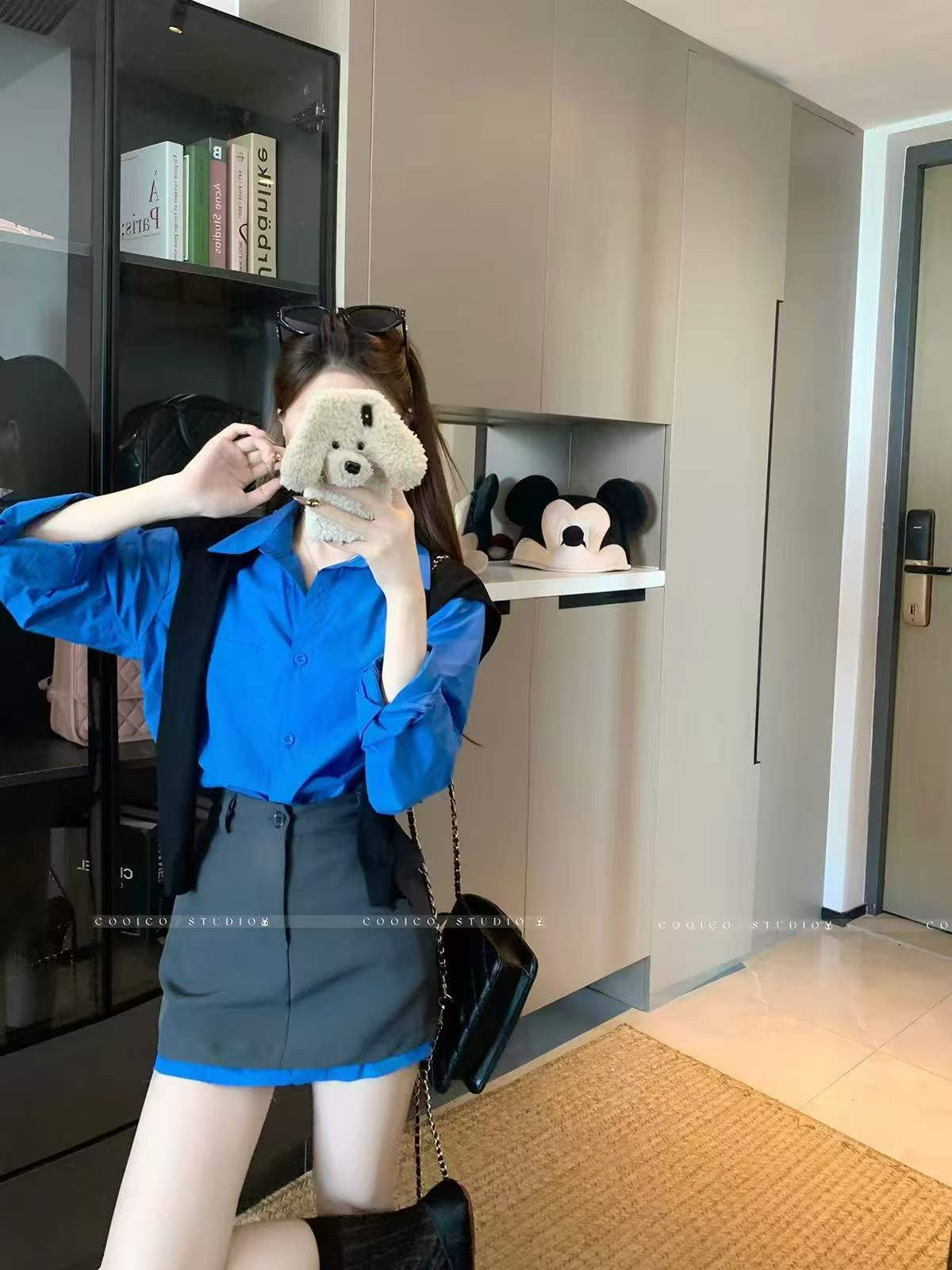 💕chic韓系藍色polo長袖襯衫三件套