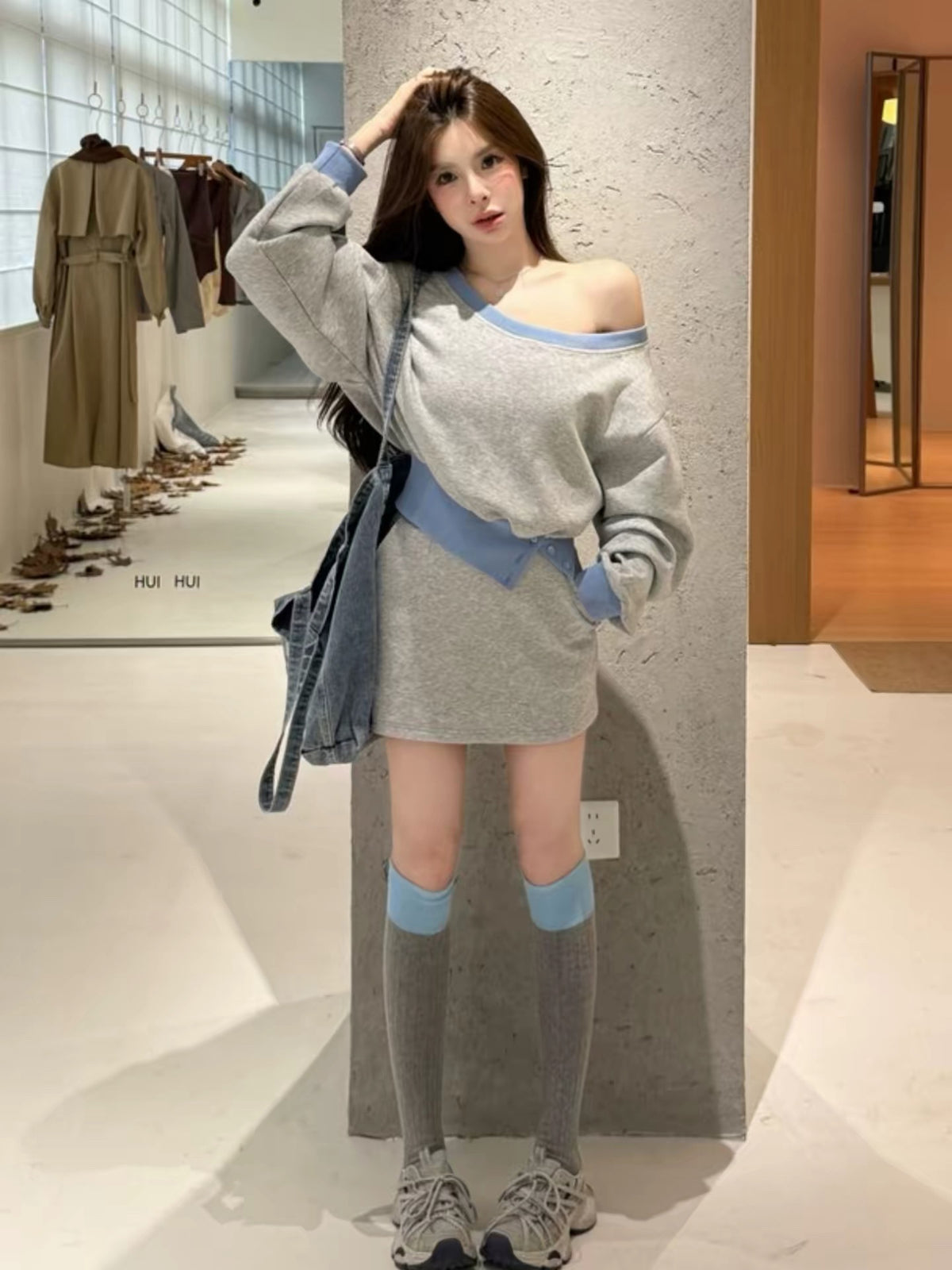 💕韓系辣妹露肩衛衣包臀短裙休閒套裝