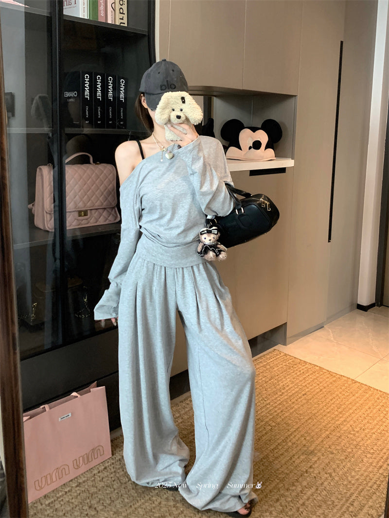 💕純御高彈斜肩長袖闊腿休閒褲套裝