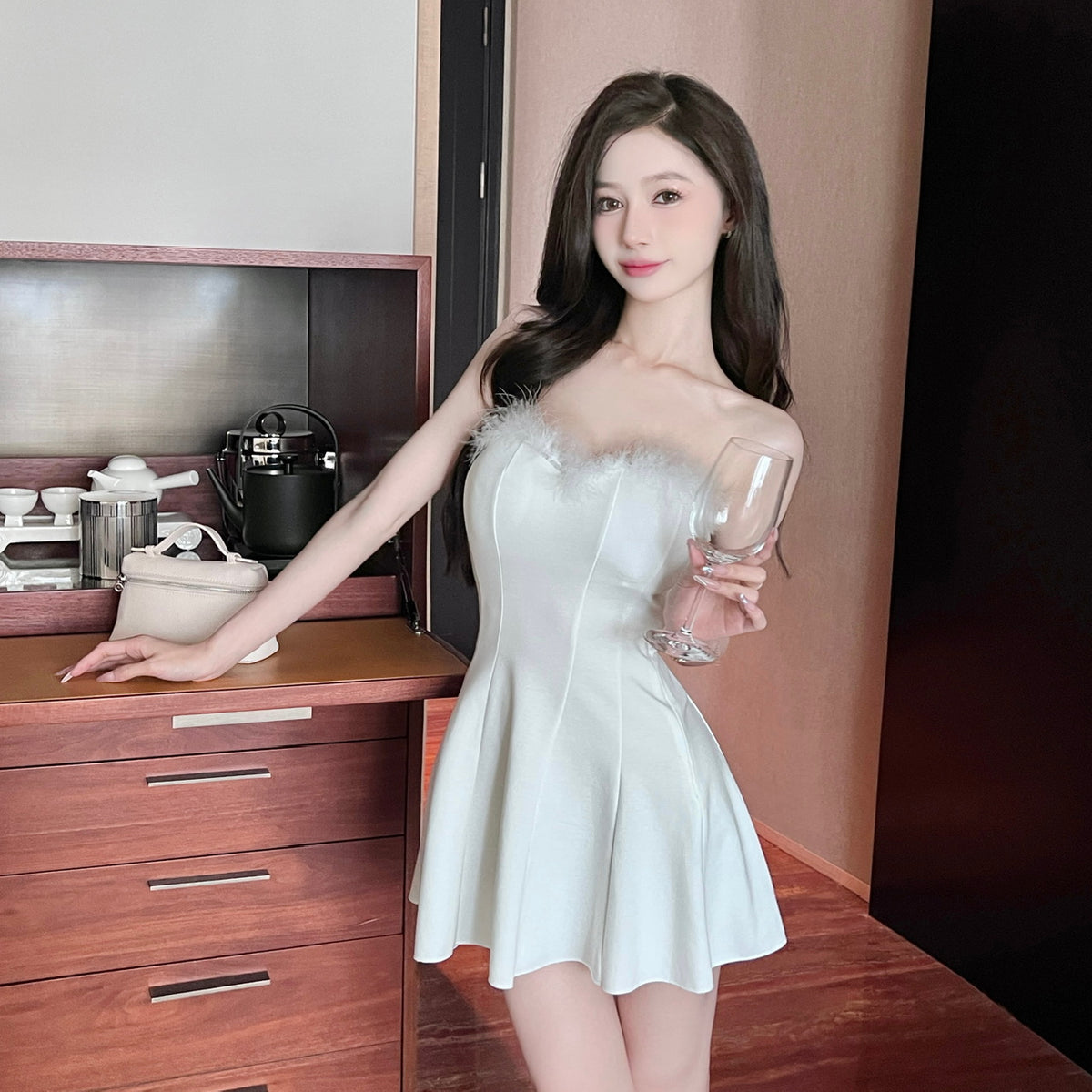 💕法式性感毛毛拼接抹胸大擺連衣裙
