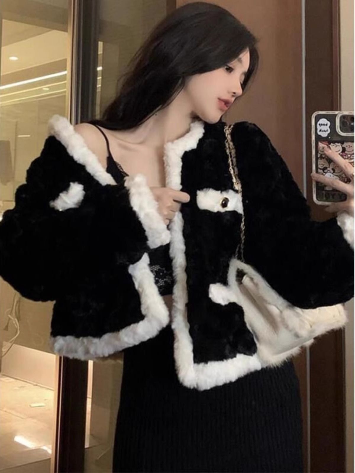 💕韓系毛茸茸黑色羊羔毛絨外套