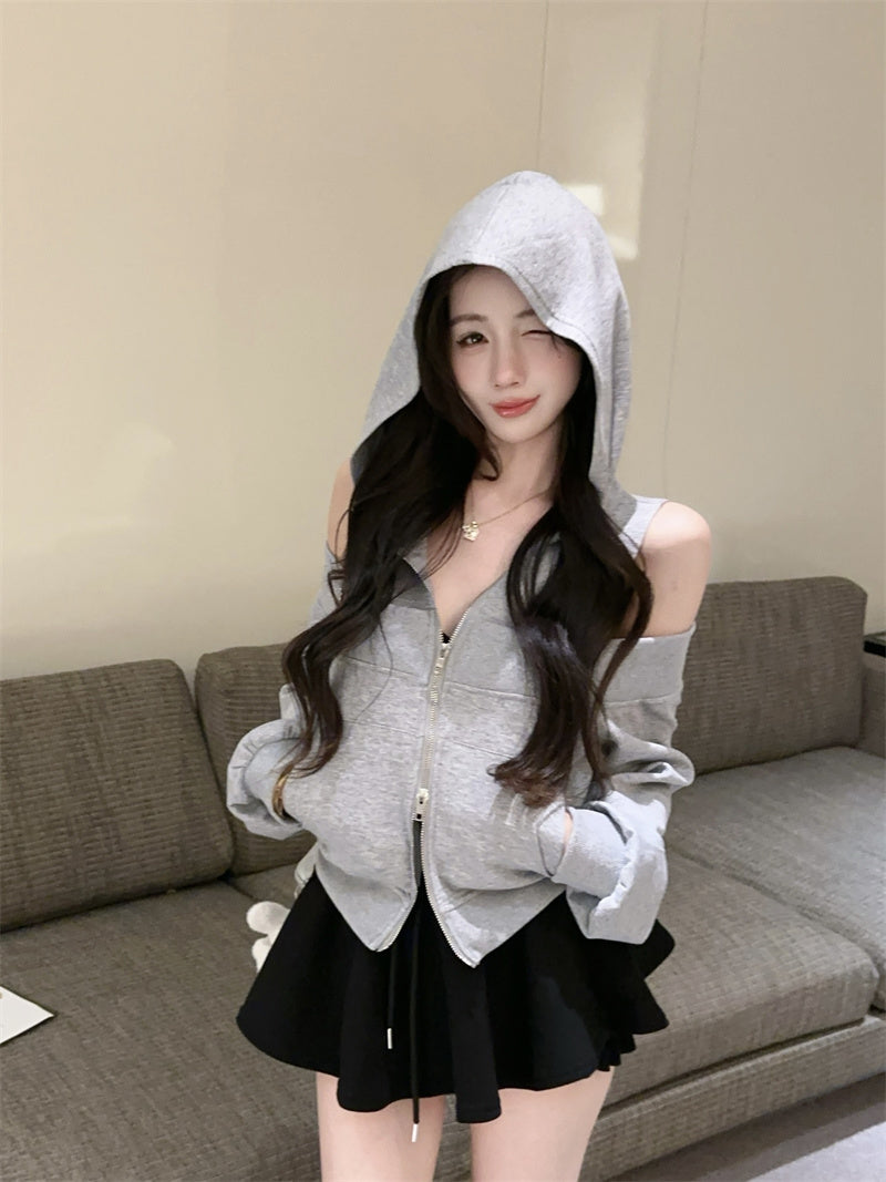 💕韓版個性露肩高檔連帽衛衣外套