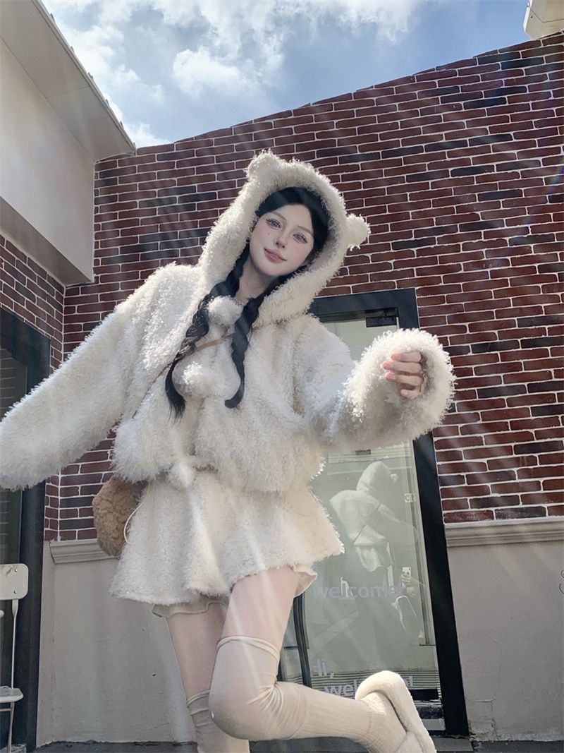 💕超可愛軟糯毛絨絨小熊保暖外套+半裙套裝