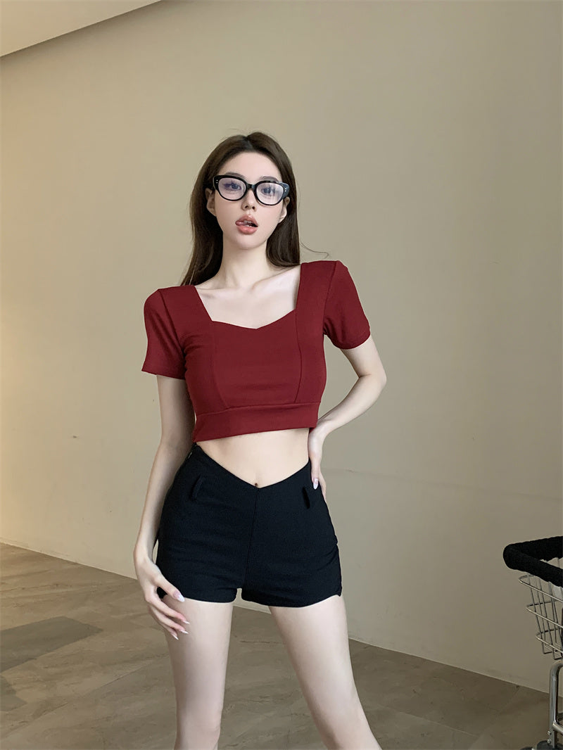 💕方領百搭露鎖骨顯瘦短版露臍上衣