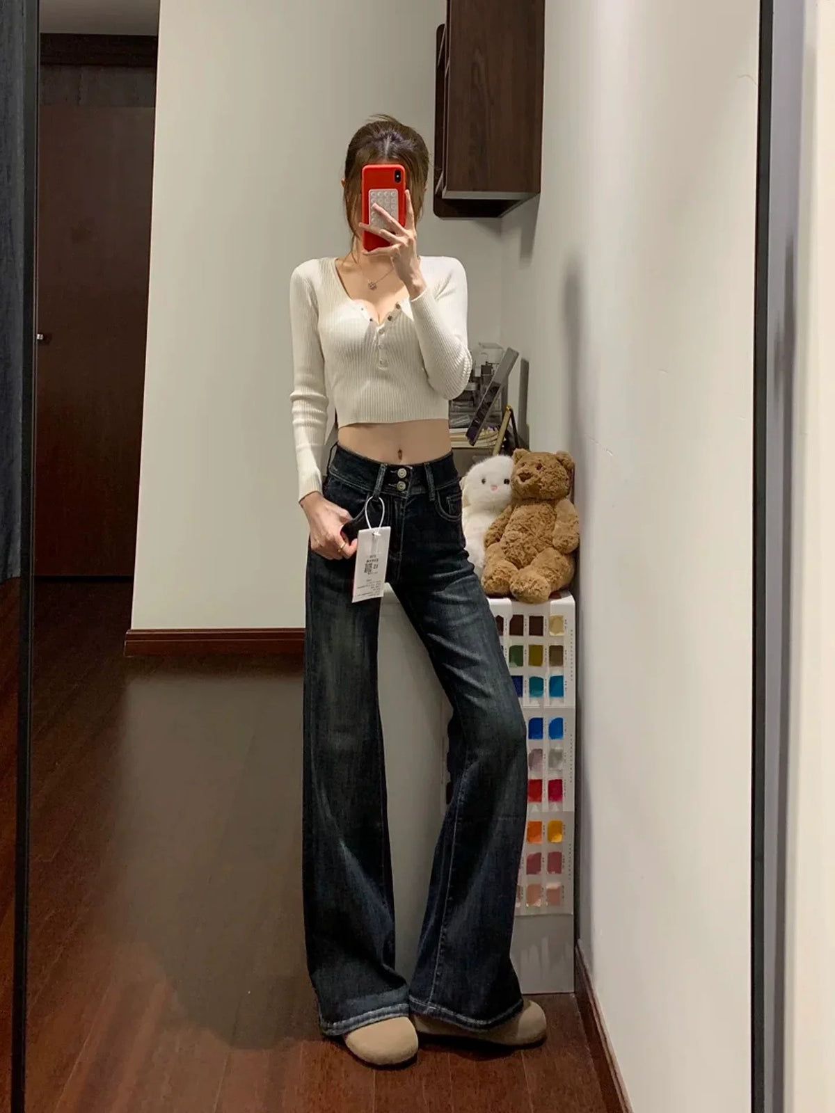 💕復古微喇叭直筒牛仔長褲(胖MM友善)