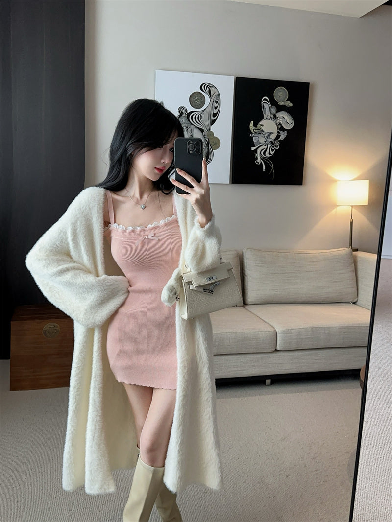 💕毛絨絨針織開衫純欲粉色吊帶裙兩件套