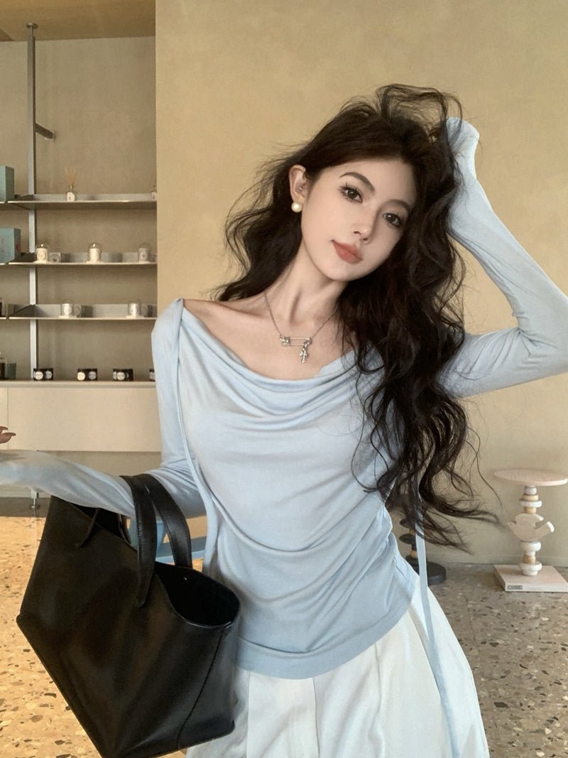 💕春夏甜美溫柔舒適盪領飄帶長袖上衣