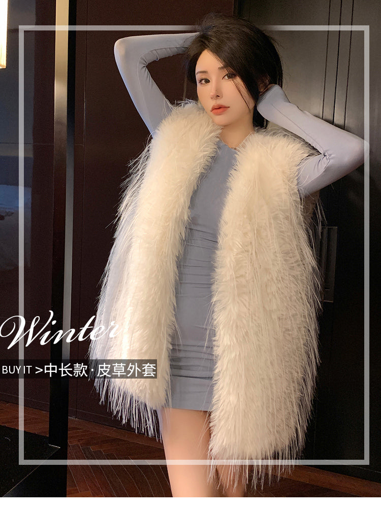 💕韓系流星雨仿狐狸毛皮草中長馬甲外套