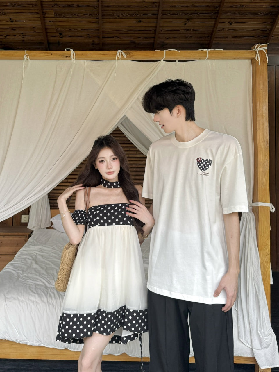 💕法式赫本復古點點抹胸連衣裙情侶套裝