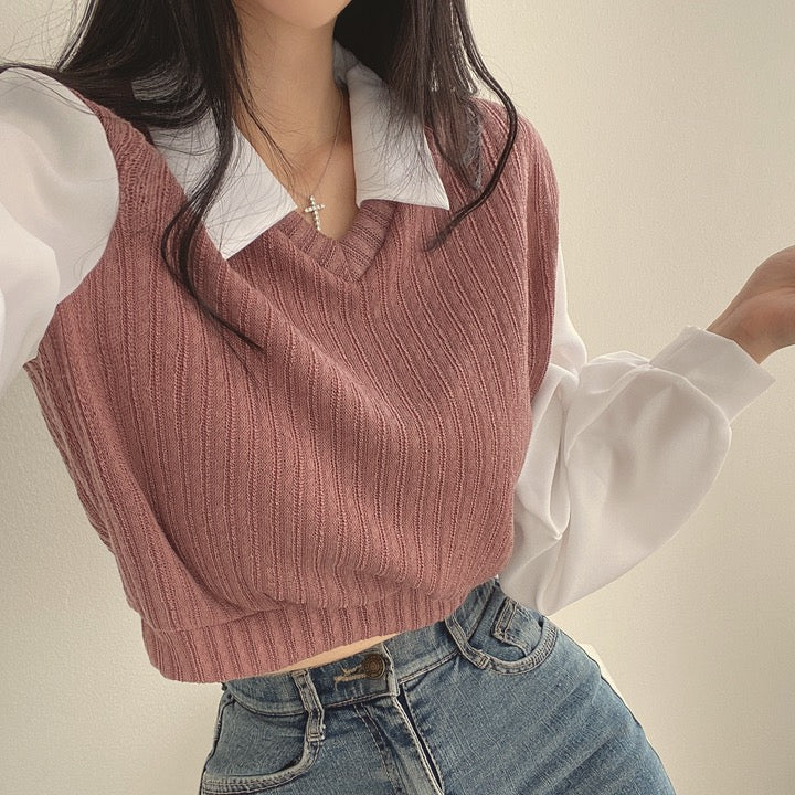 💕chic韓系假兩件拼接襯衫上衣