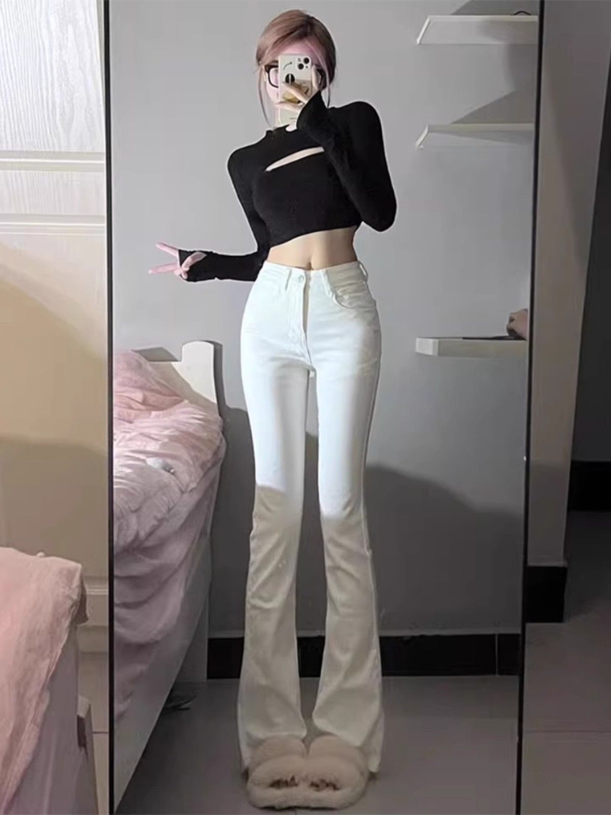 💕春夏白色顯瘦高腰喇叭牛仔褲
