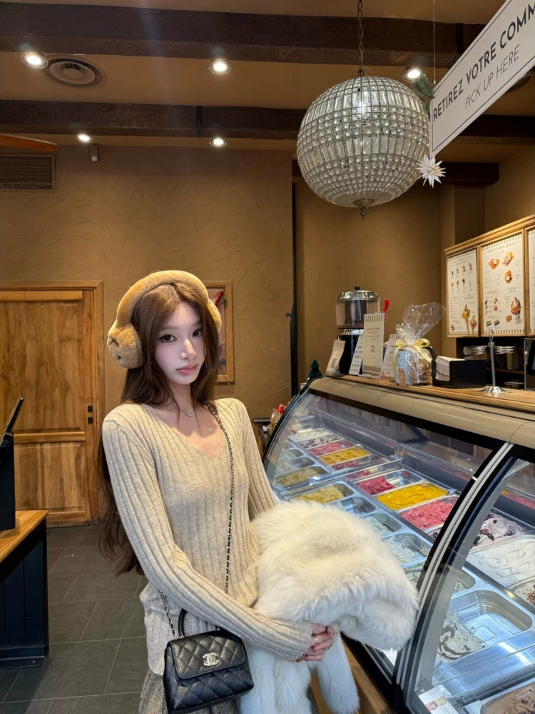 💕簡約百搭通勤V領針織打底修身顯瘦上衣