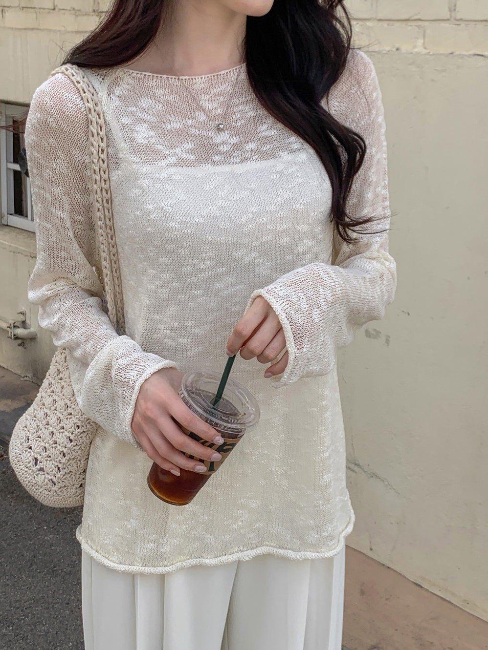 💕韓系慵懶捲邊寬鬆純色中長針織罩衫