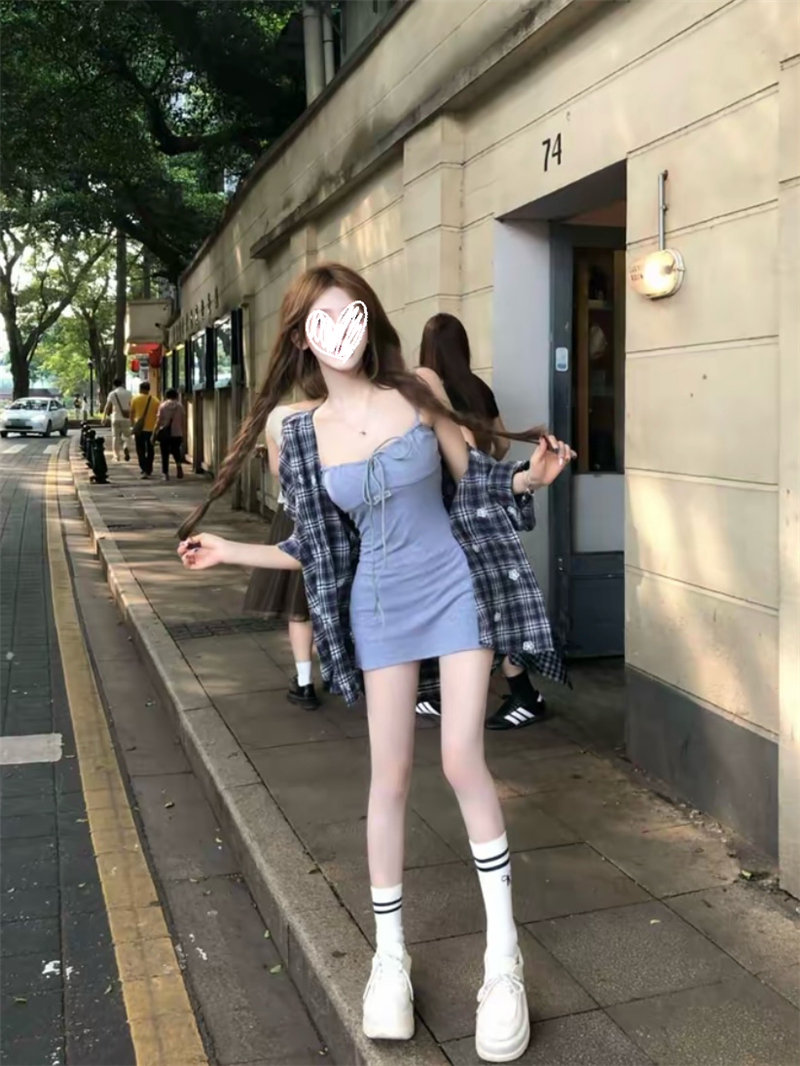 💕ins系慵懶假日格子襯衫吊帶連衣裙