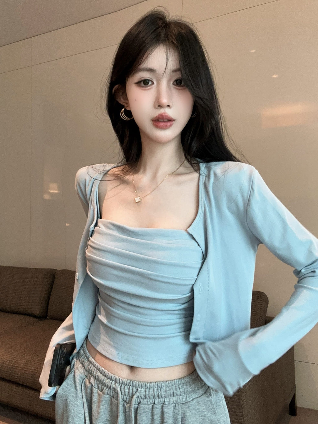 💕氣質慵懶休閒褶皺兩件式套裝