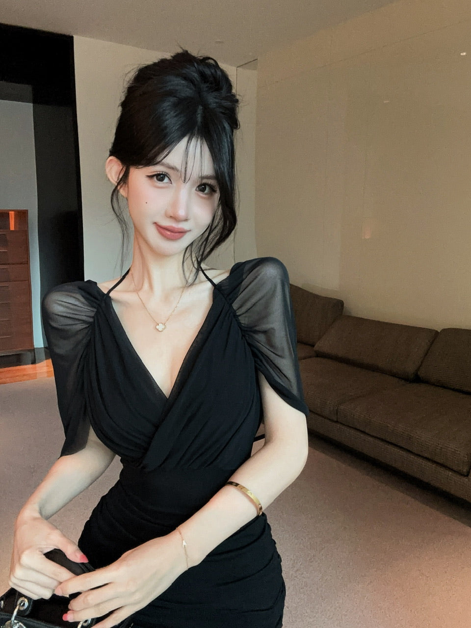 💕約會性感網紗綁帶包臀假兩件連身裙