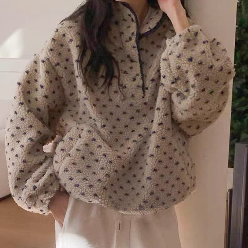 💕ins風立領點點搖粒絨休閒寬鬆衛衣